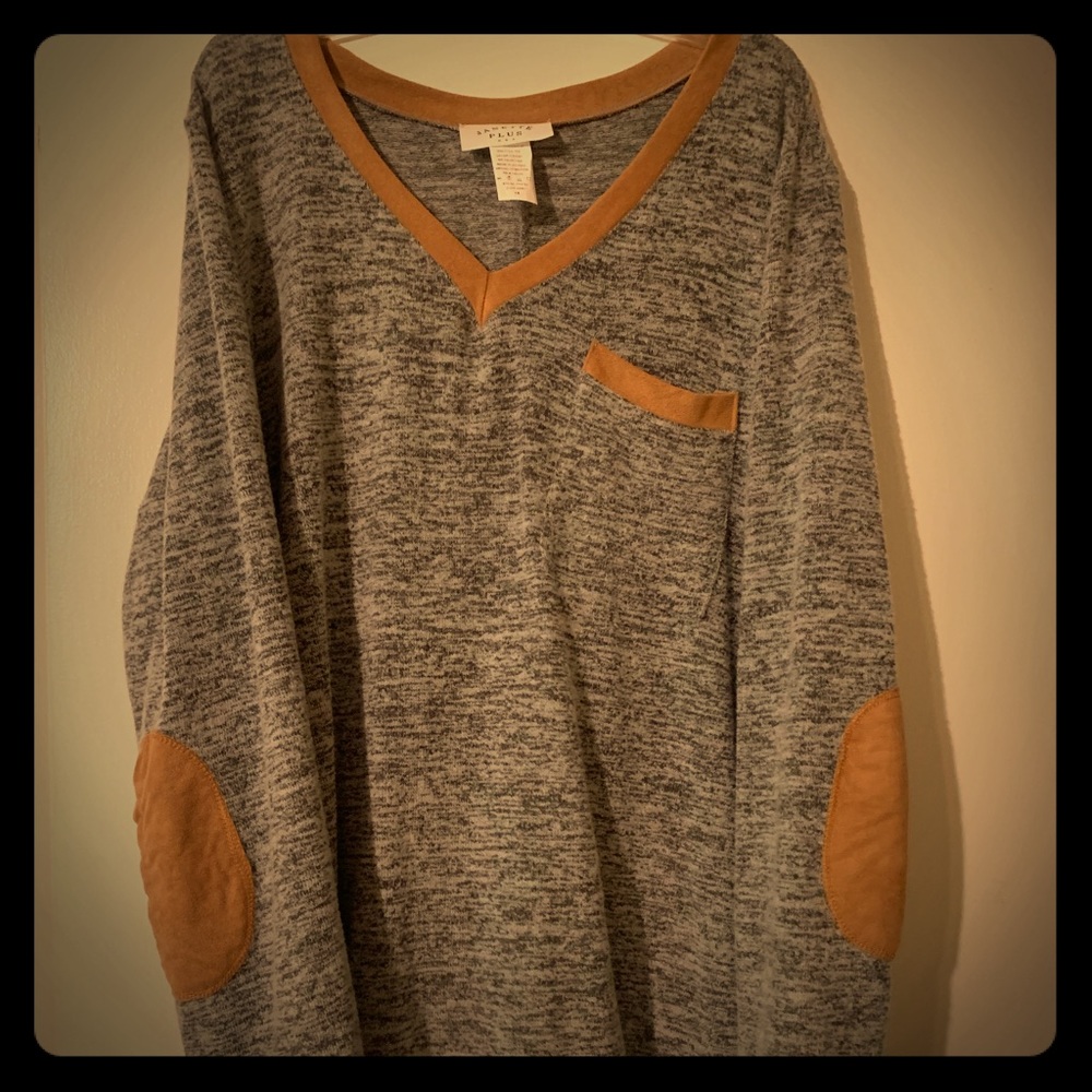 Gray v neck sweater with suede tan trim